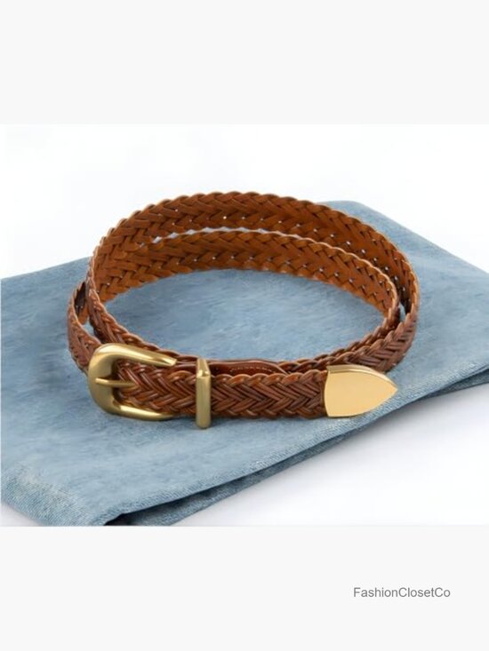 Braid Leather Belt Skinny Woven Waist Belt with Gold Buckle Dress Jeans main image 4